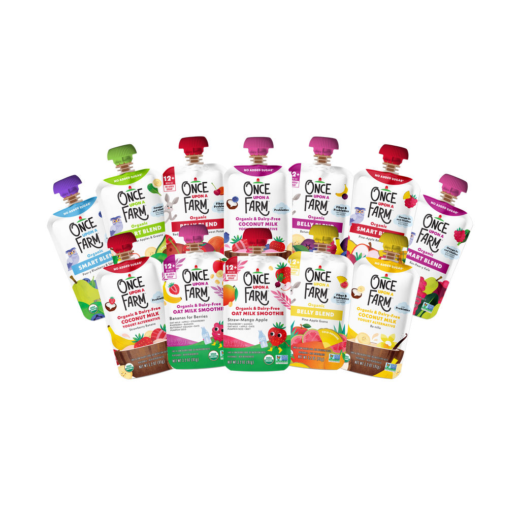 A group of Once Farm Toddler Starter Box food pouches arranged together on a plain white background. The set includes various flavors such as Berry Spinach, Peach Mango, Blue Raspberry, and Pear, each in its own colorful packaging with illustrations of fruits and vegetables.
