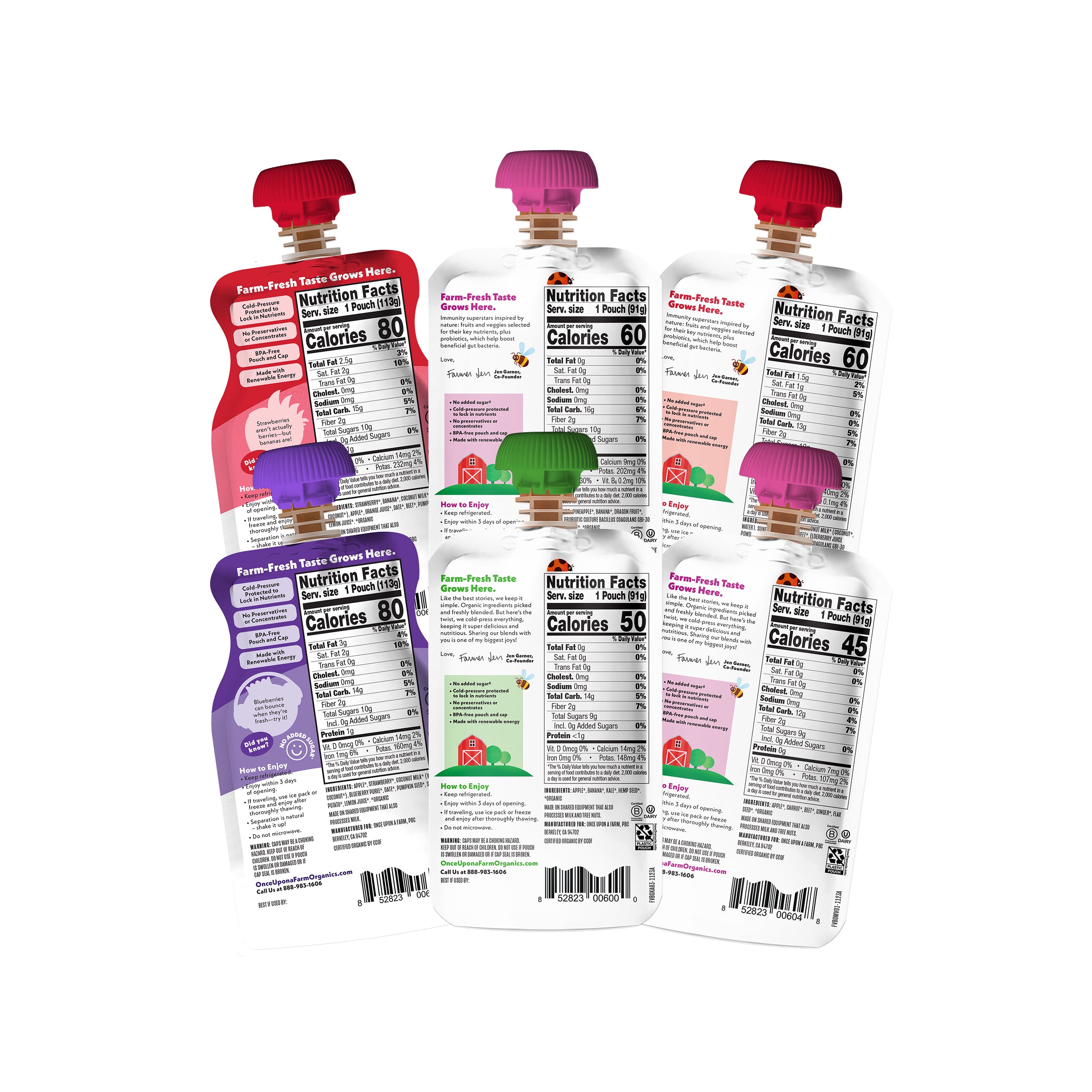 Six Farm Fresh Fruit & Veggie Back-to-School Essentials pouches arranged in two rows on a white background, showing the back labels with nutrition facts and different fruit flavors including strawberry, peach, grape, and melon.