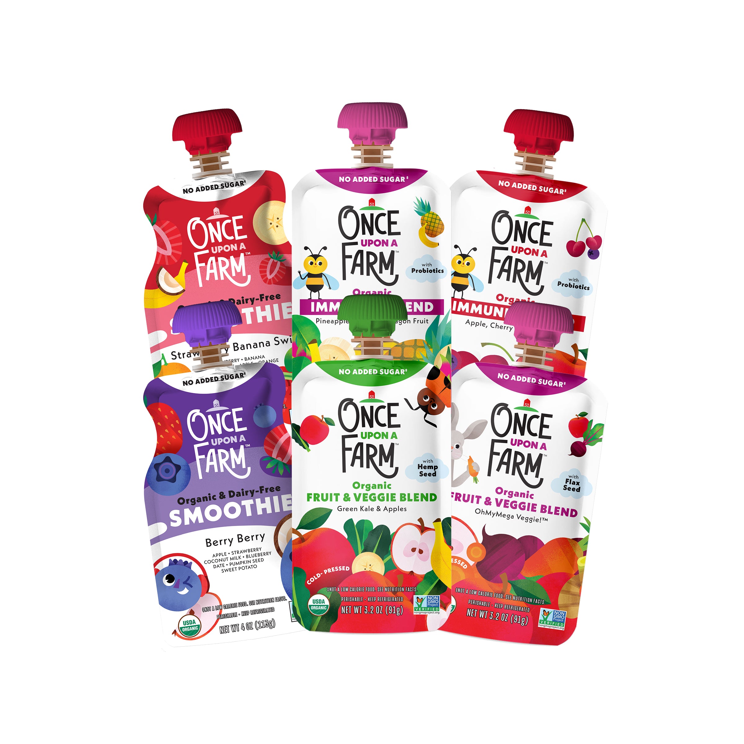Six pouches of Once Upon a Farm Back-to-School Essentials pouches arranged together on a plain white background. The pouches include Smoothie, Immunity, Berry Berry, Apple Cherry, and two Fruit & Veggie Blends, each with a different colorful label and cap.