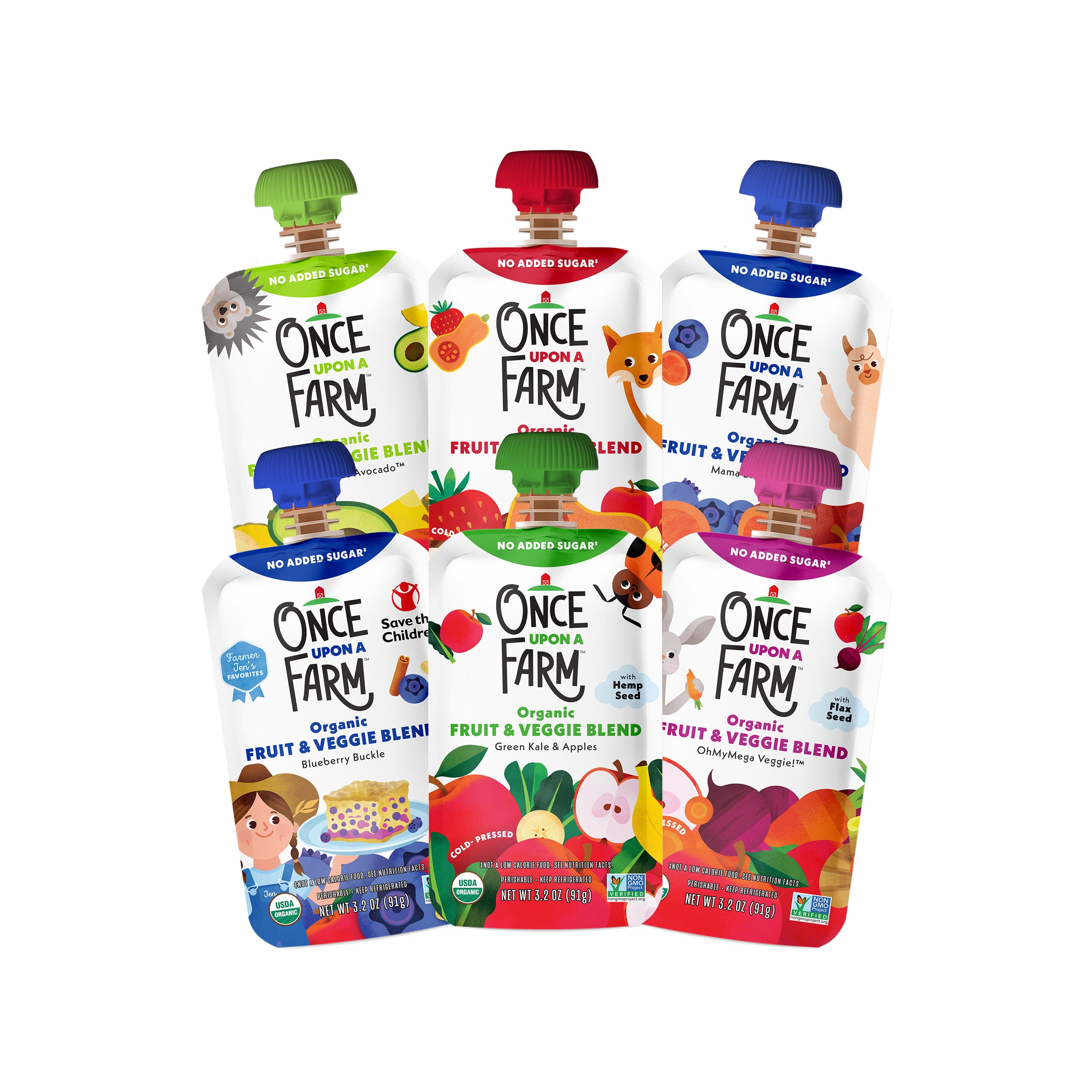 Six pouches of Once Upon a Farm Organic Fruit & Veggie Blend kid food arranged in two rows on a plain white background. 