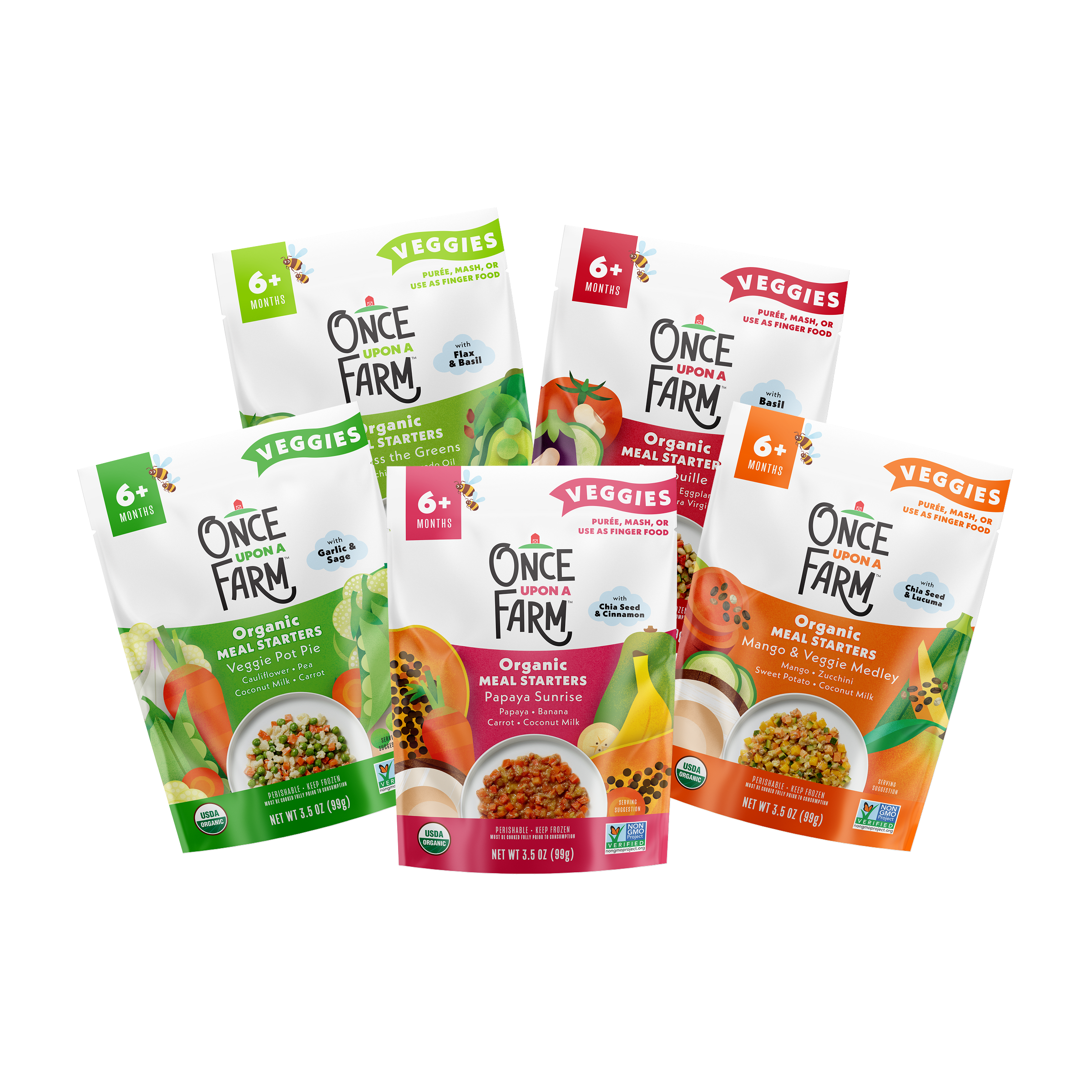 Front of packaging for Veggie Meals Variety Pack. Showing Veggie Pot Pie, 
Papaya Sunrise, Mango & Veggie Medley, Peas Pass the Greens, and Ratatouille