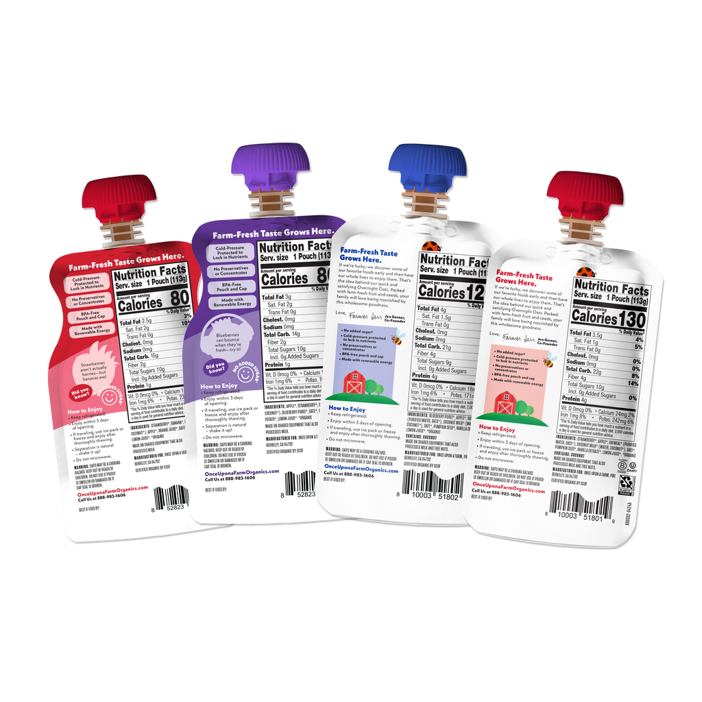 Back of packaging for the Smoothie & Oats Sampler One-Time Add-On with updated dairy free smoothie pouches