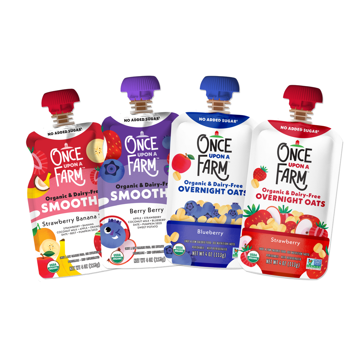 Front of packaging for the Smoothie & Oats Sampler One-Time Add-On with updated dairy free smoothie pouches