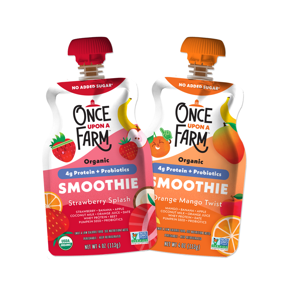 Two Kid Protein Smoothies front of packaging. Once Upon a Farm organic smoothie on a white background.