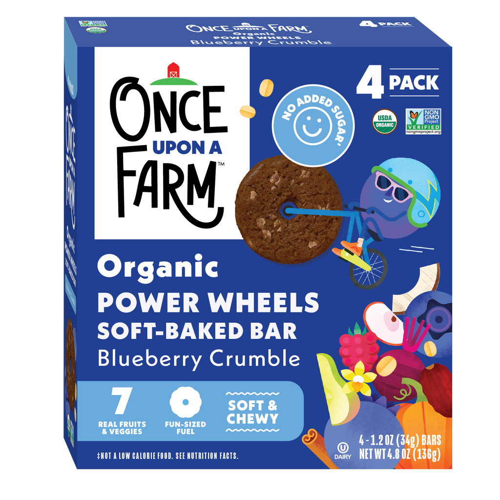 Box of Once Upon a Farm Organic Power Wheels soft-baked bars with blueberry crumble flavor on a white background.