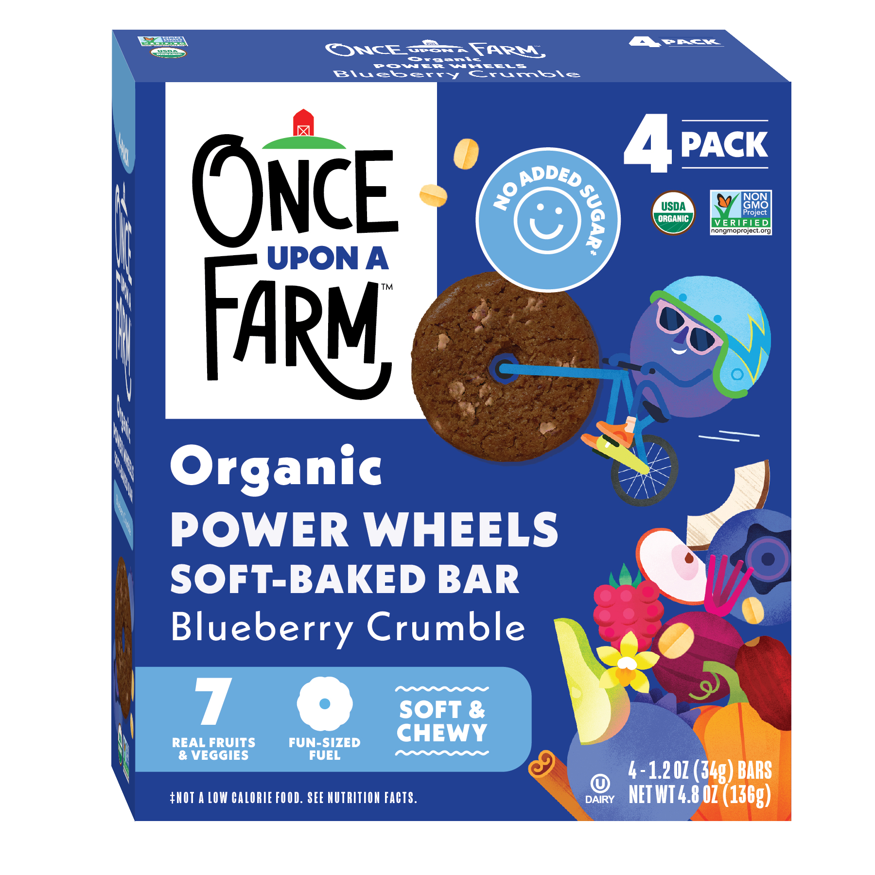 Box of Once Upon a Farm Organic Power Wheels soft-baked bars with blueberry crumble flavor on a white background.
