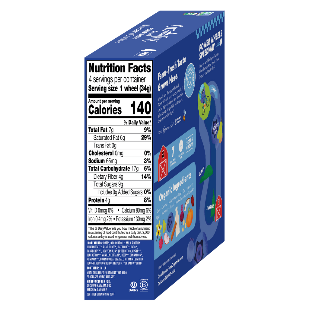 Nutrition facts label on a blue box with white text