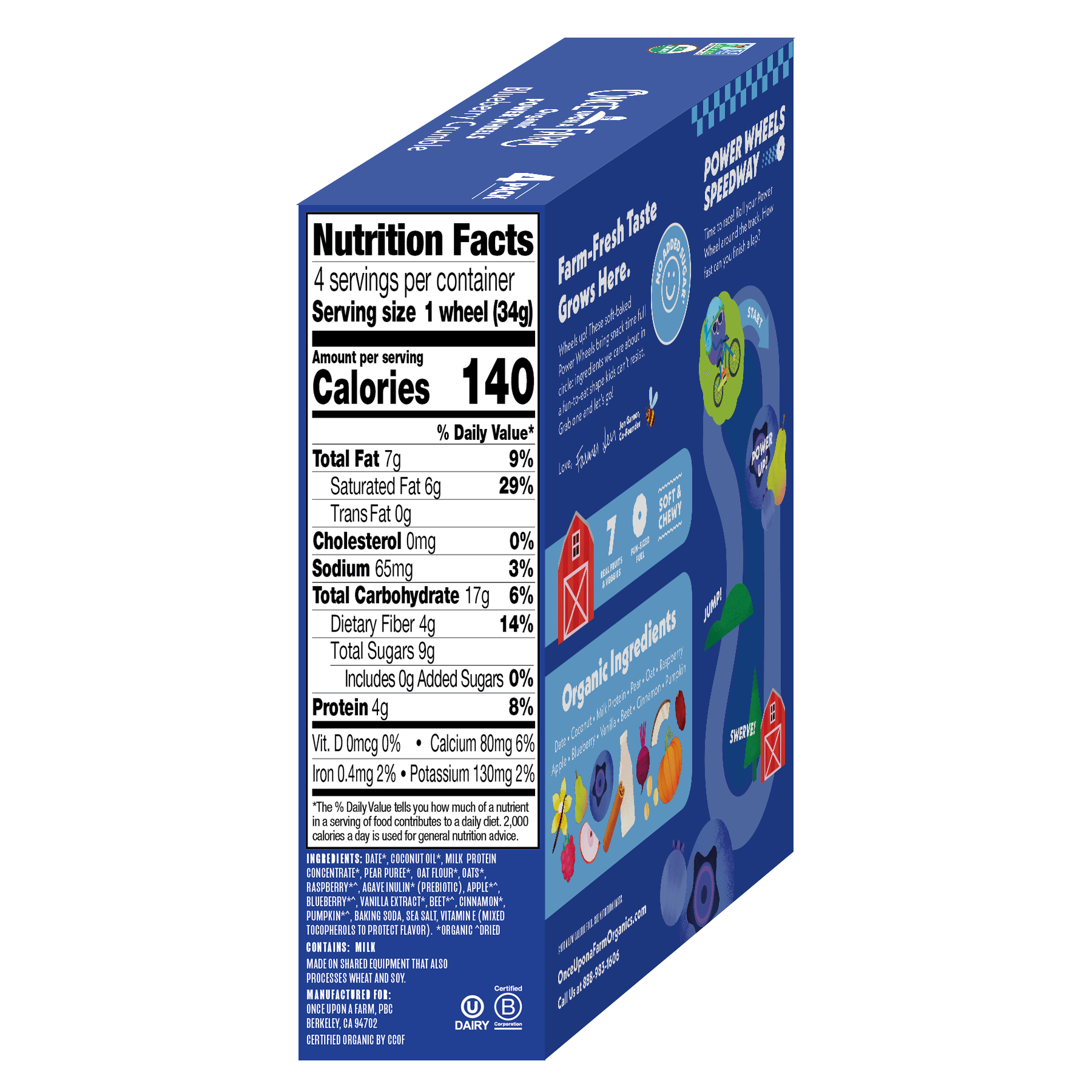 Nutrition facts label on a blue box with white text