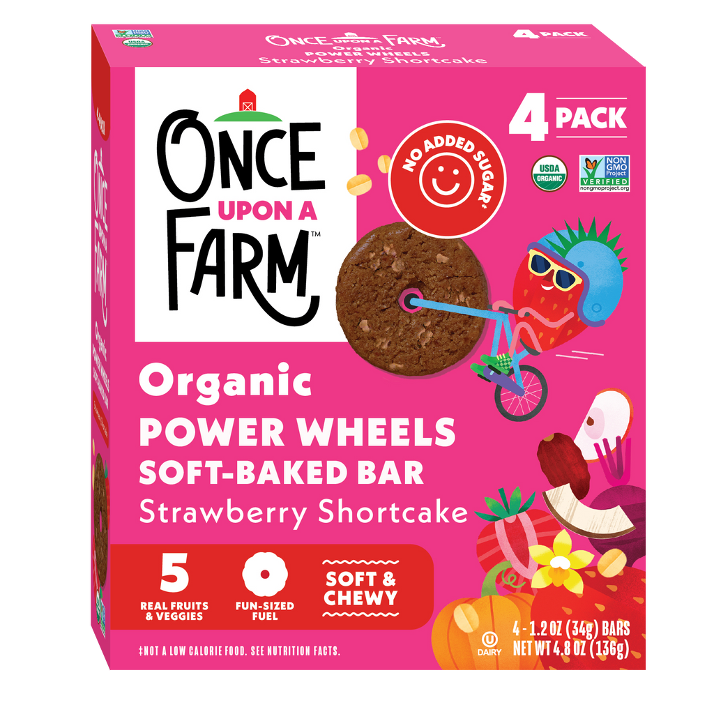 Box of Once Upon a Farm organic Strawberry Shortcake Power Wheels on a white background