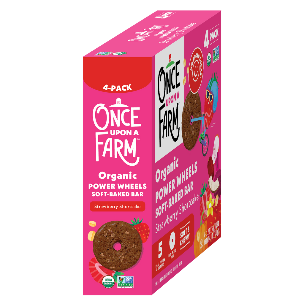 Pink box of Once Upon a Farm organic power wheels soft-baked bars on a white background