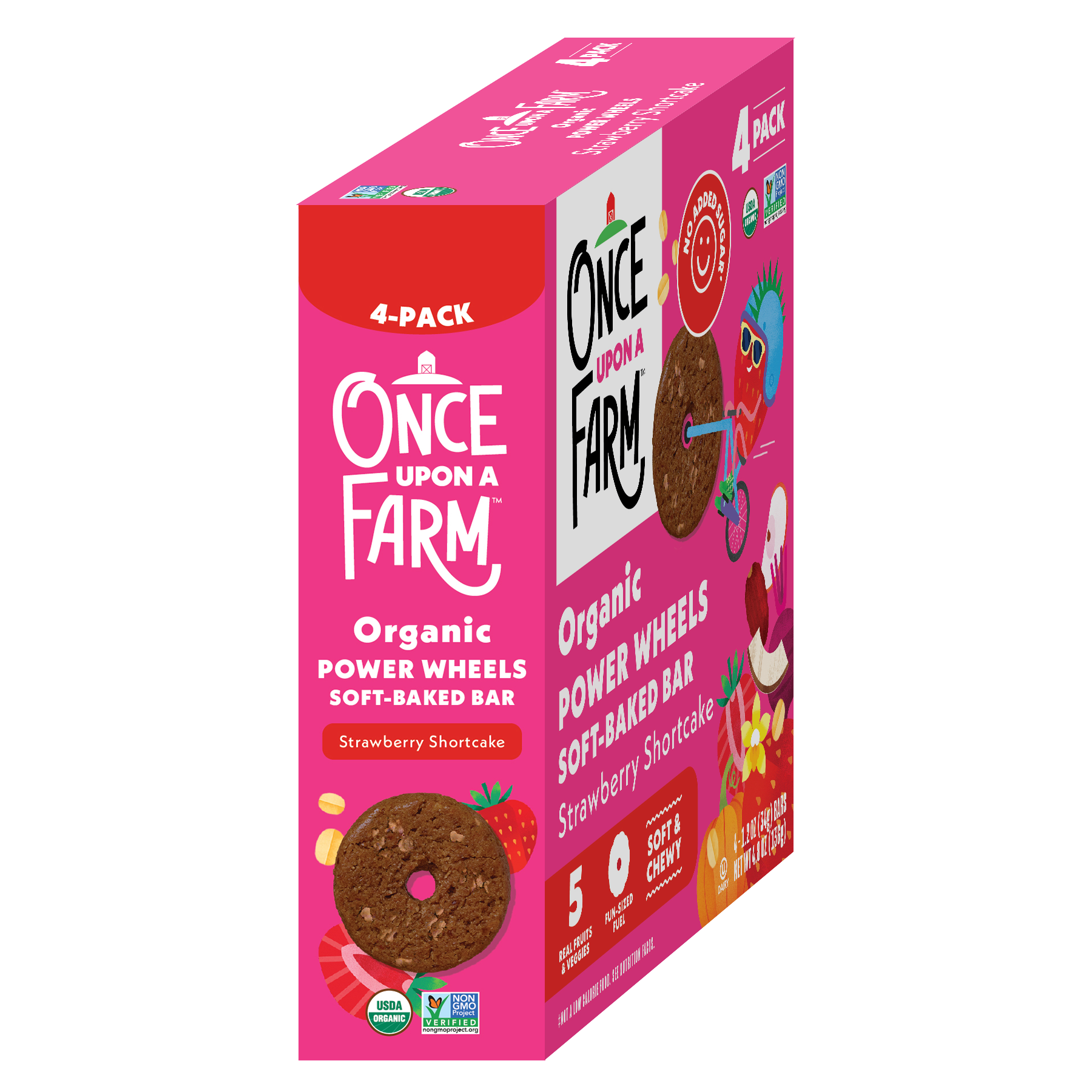 Pink box of Once Upon a Farm organic power wheels soft-baked bars on a white background