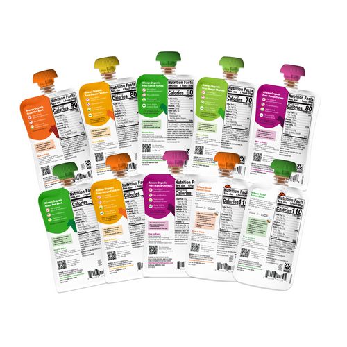 Meat & Legume Blends Variety Pack back of Once Upon A Farm pouches