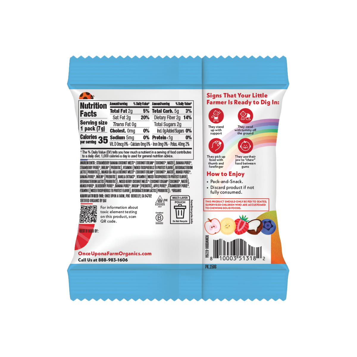 The back of a 1-pack bag of organic sweet potato chips, showing nutrition facts, ingredients, and usage instructions on a white background.