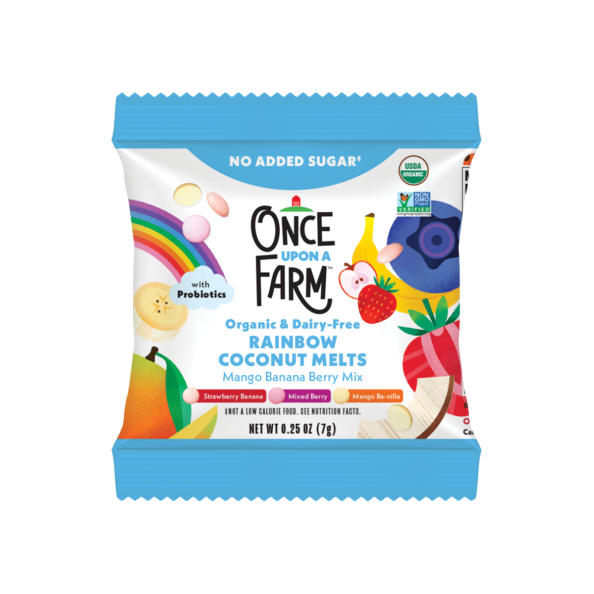 A bag of Once Upon a Farm Organic & Dairy-Free Rainbow Coconut Melts in Mango Banana Berry Mix, featuring a colorful design with a rainbow, fruits, and a blue top and bottom border.
