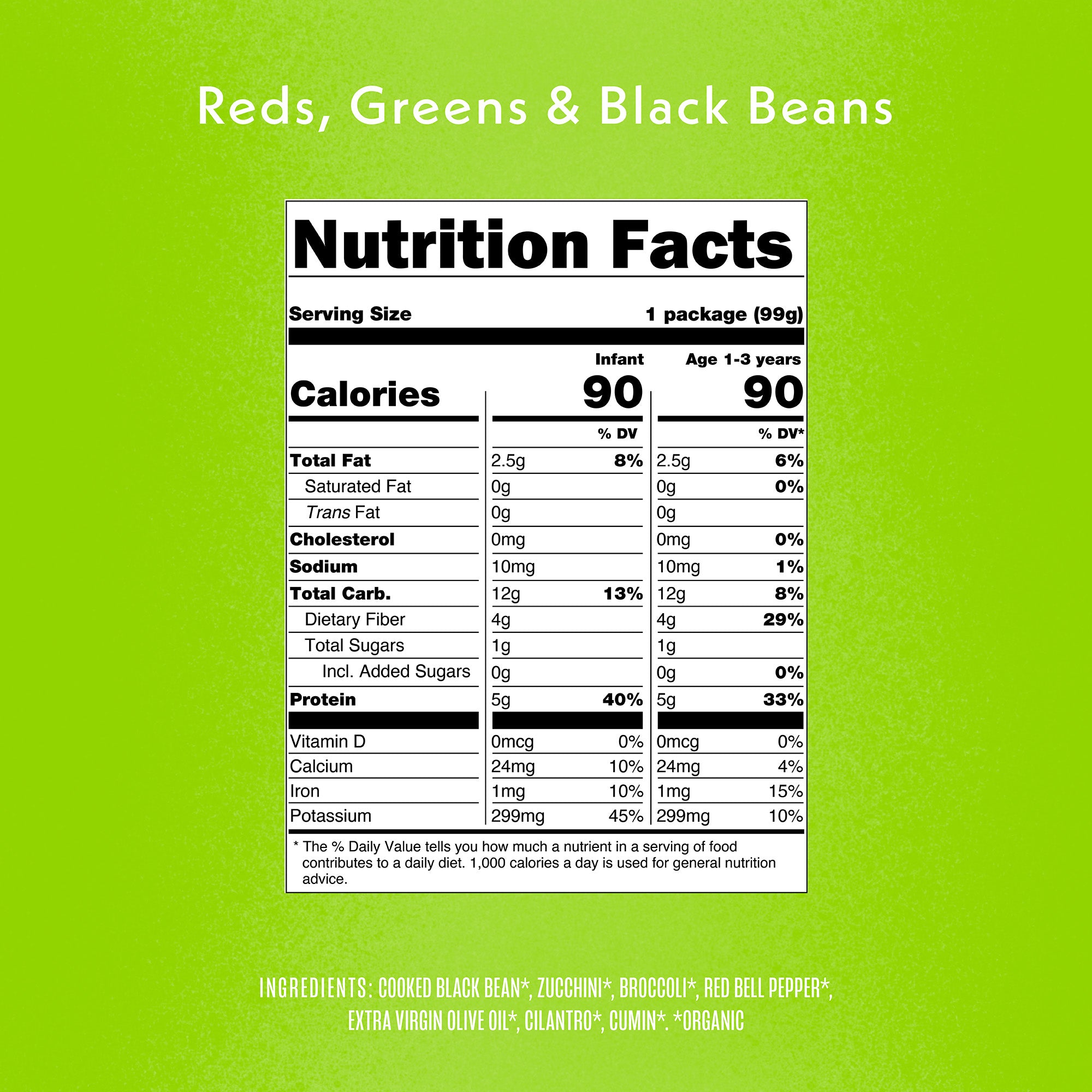 Reds, Greens & Black Beans Nutrition Fact Panel