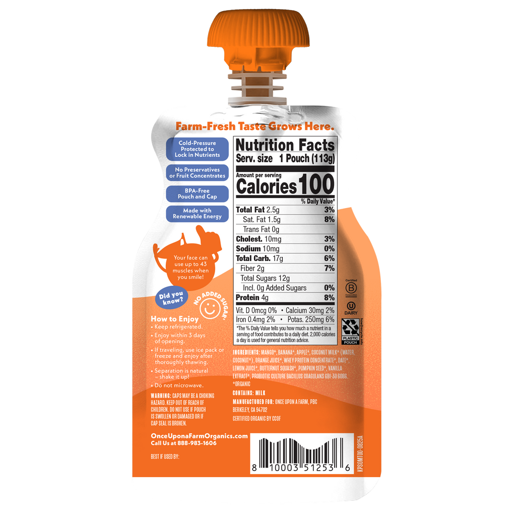 Once Upon a Farm Orange Mango Twist Organic Smoothie with Protein and Probiotics Pouch, 4oz. Back of Pouch. 