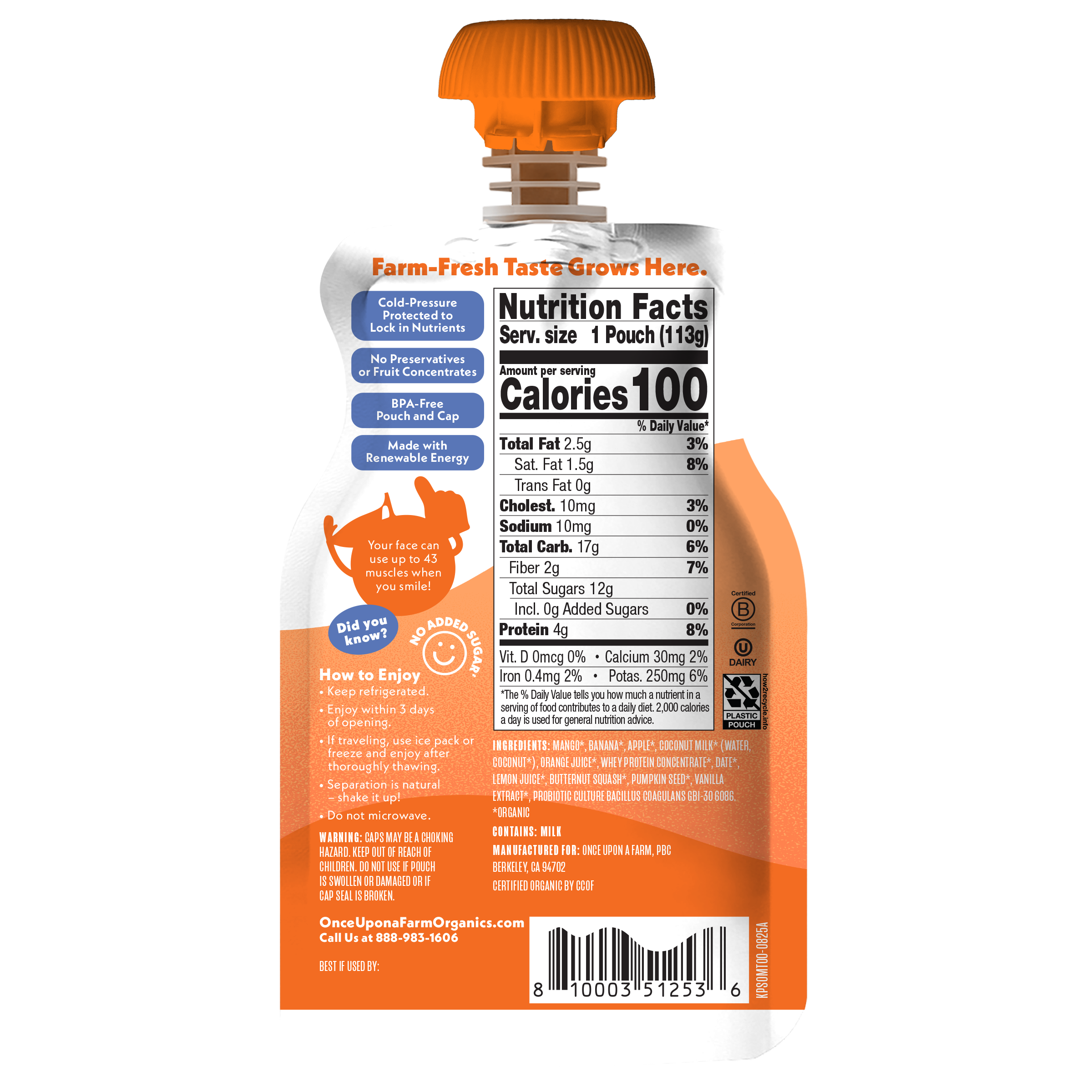 Once Upon a Farm Orange Mango Twist Organic Smoothie with Protein and Probiotics Pouch, 4oz. Back of Pouch. 