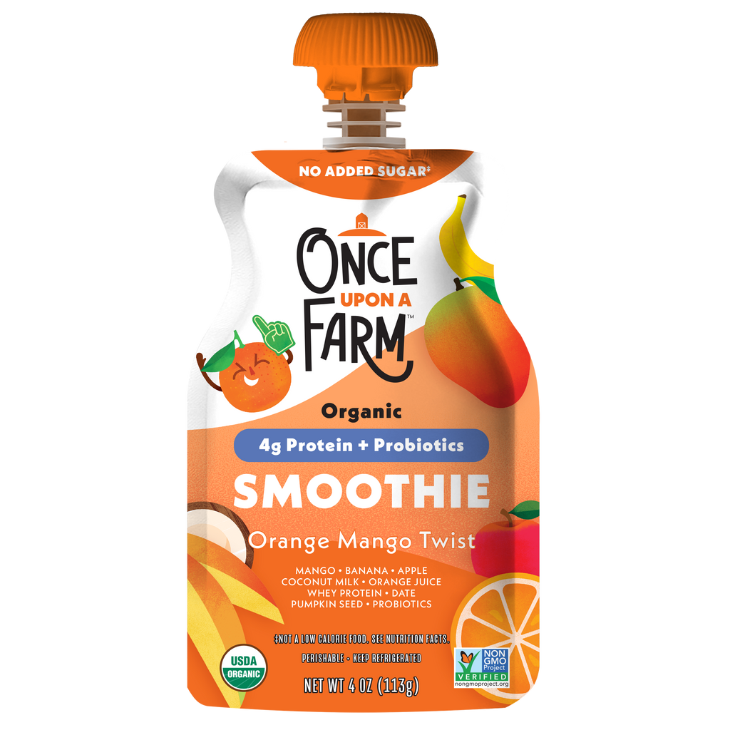 Once Upon a Farm Orange Mango Twist Organic Smoothie with Protein and Probiotics Pouch, 4oz. Front of Pouch. 