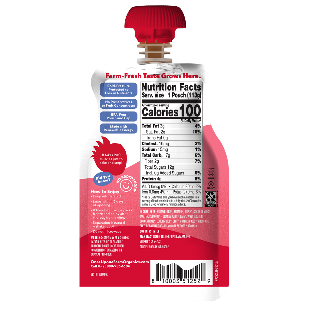 Once Upon a Farm Strawberry Splash Organic Smoothie with Protein and Probiotics Pouch, 4oz. Front of Pouch. 