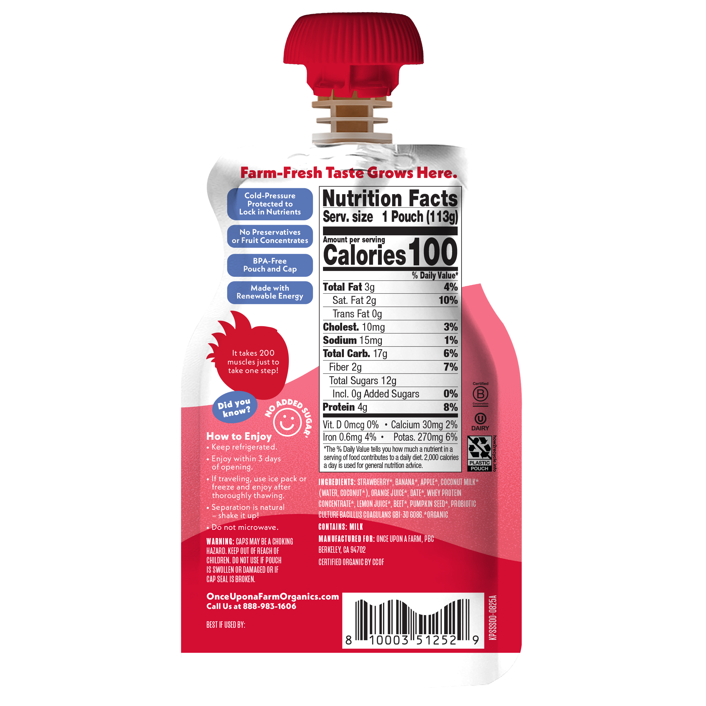 Once Upon a Farm Strawberry Splash Organic Smoothie with Protein and Probiotics Pouch, 4oz. Front of Pouch. 