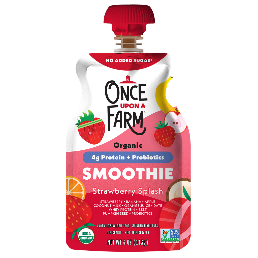 Once Upon a Farm Strawberry Splash Organic Smoothie with Protein and Probiotics Pouch, 4oz. Front of Pouch. 