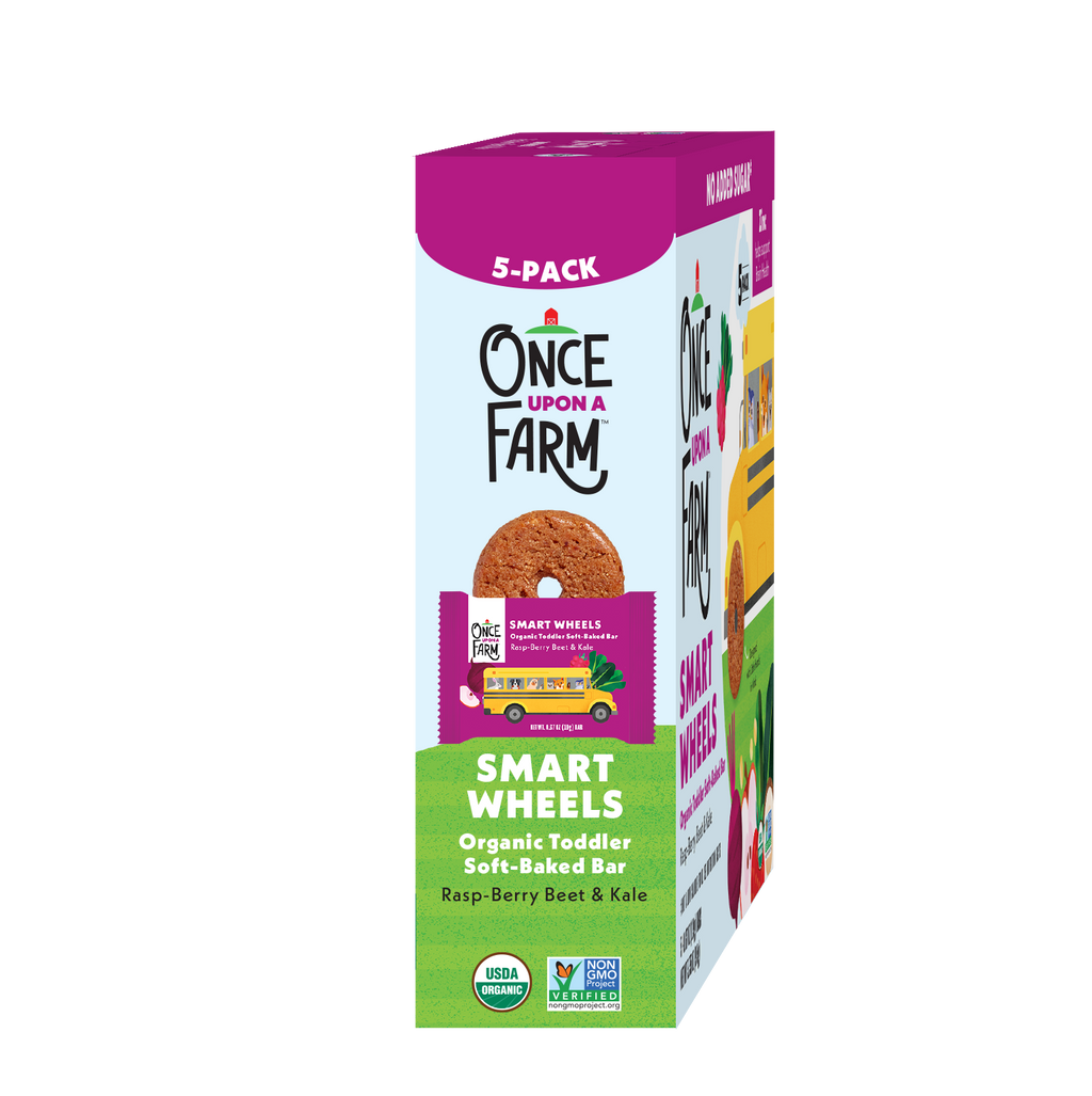 Box of Once Upon a Farm Smart Wheels organic toddler soft-baked bars on a white background