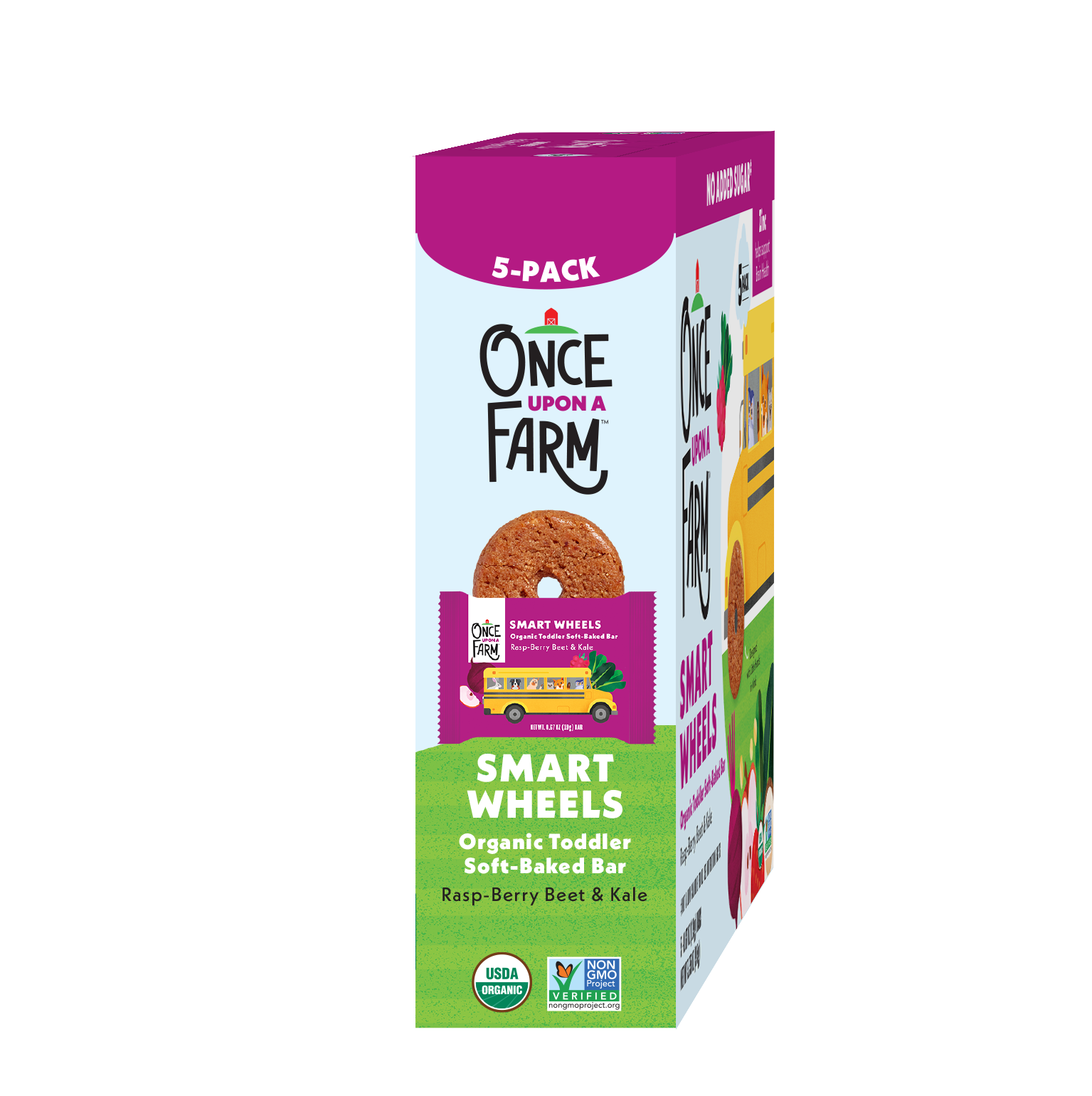 Box of Once Upon a Farm Smart Wheels organic toddler soft-baked bars on a white background