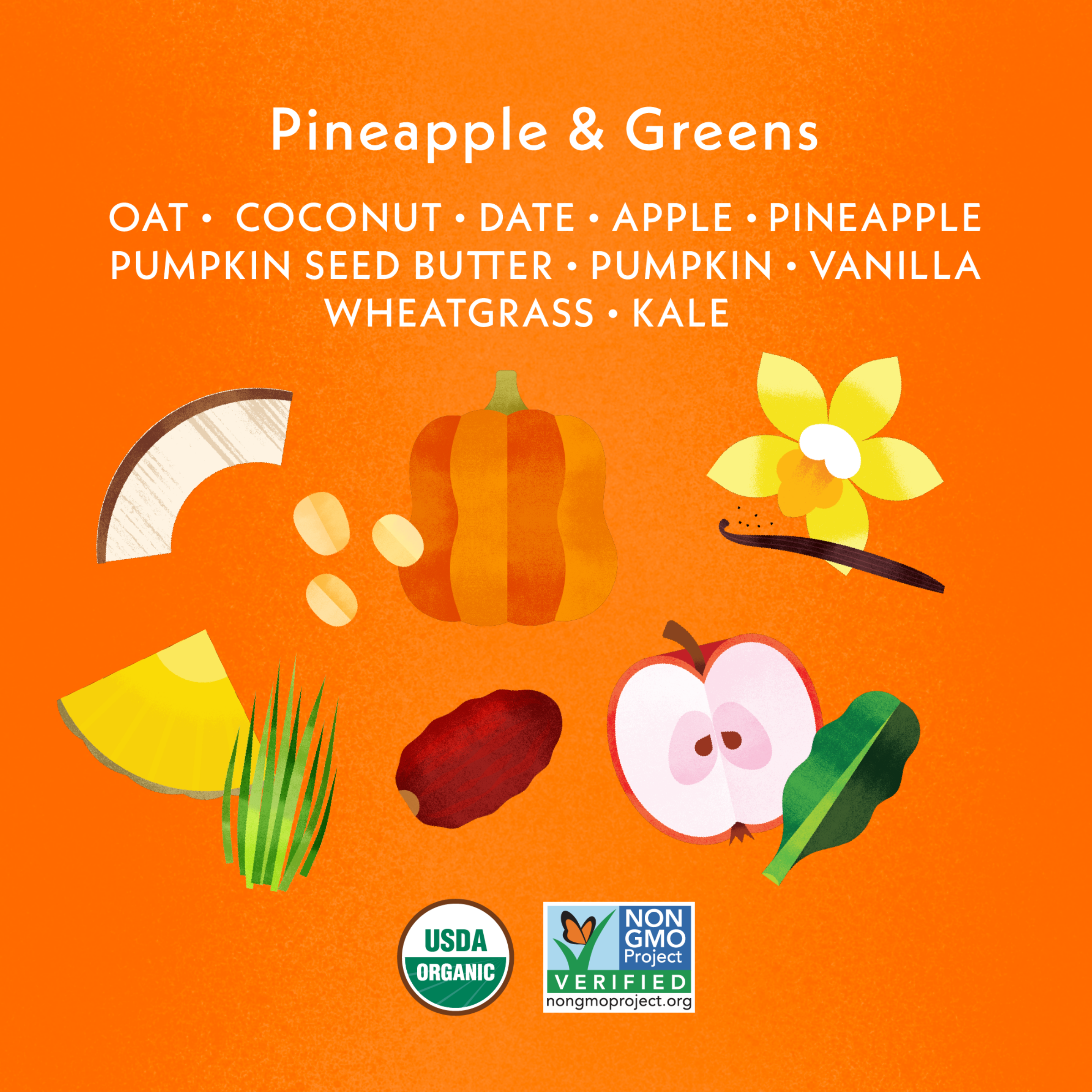 Illustrations of fruits, vegetables, and health-related items on an orange background with text and certification logos.
