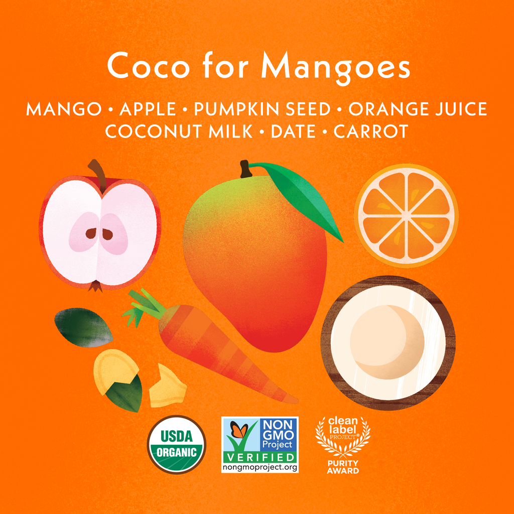 Coco for Mangoes: Mango, Apple, Pumpkin Seed, Orange Juice, Coconut Milk, Date, Carrot. USDA Organic, Non GMO Project Verified, Clean Label Project Purity Award logos
