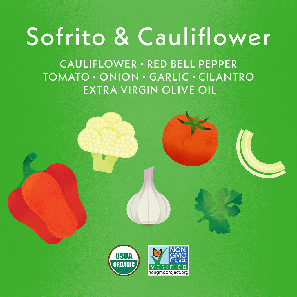Sofrito & Cauliflower Frozen Meal Ingredient Spotlight: Cauliflower, Red Bell Pepper, Tomato, Onion, Garlic, Cilantro, Extra Virgin Olive Oil