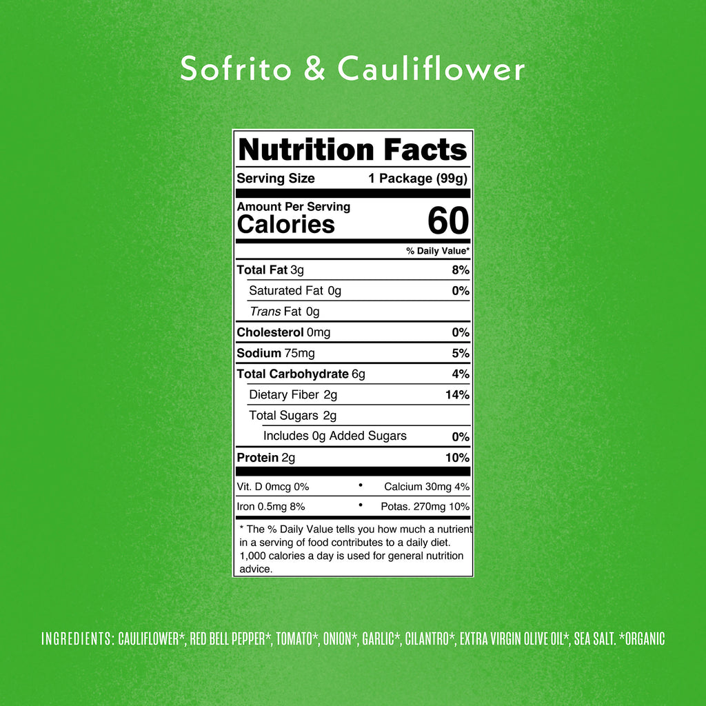 Sofrito & Cauliflower Frozen Meal Nutrition Fact Panel