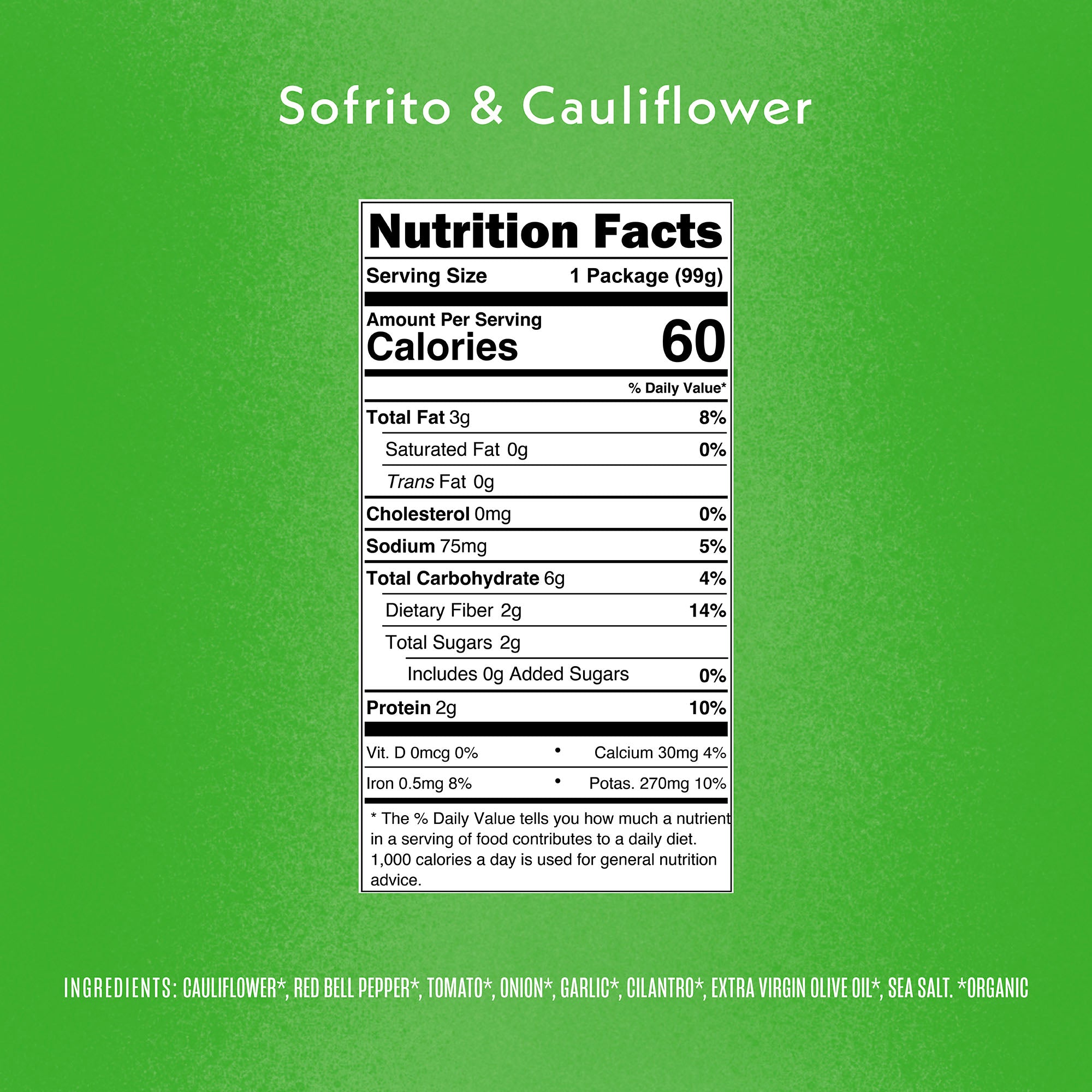 Sofrito & Cauliflower Frozen Meal Nutrition Fact Panel