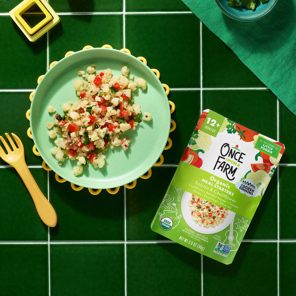 Sofrito & Cauliflower Frozen Meal packaging shown with cooked meal