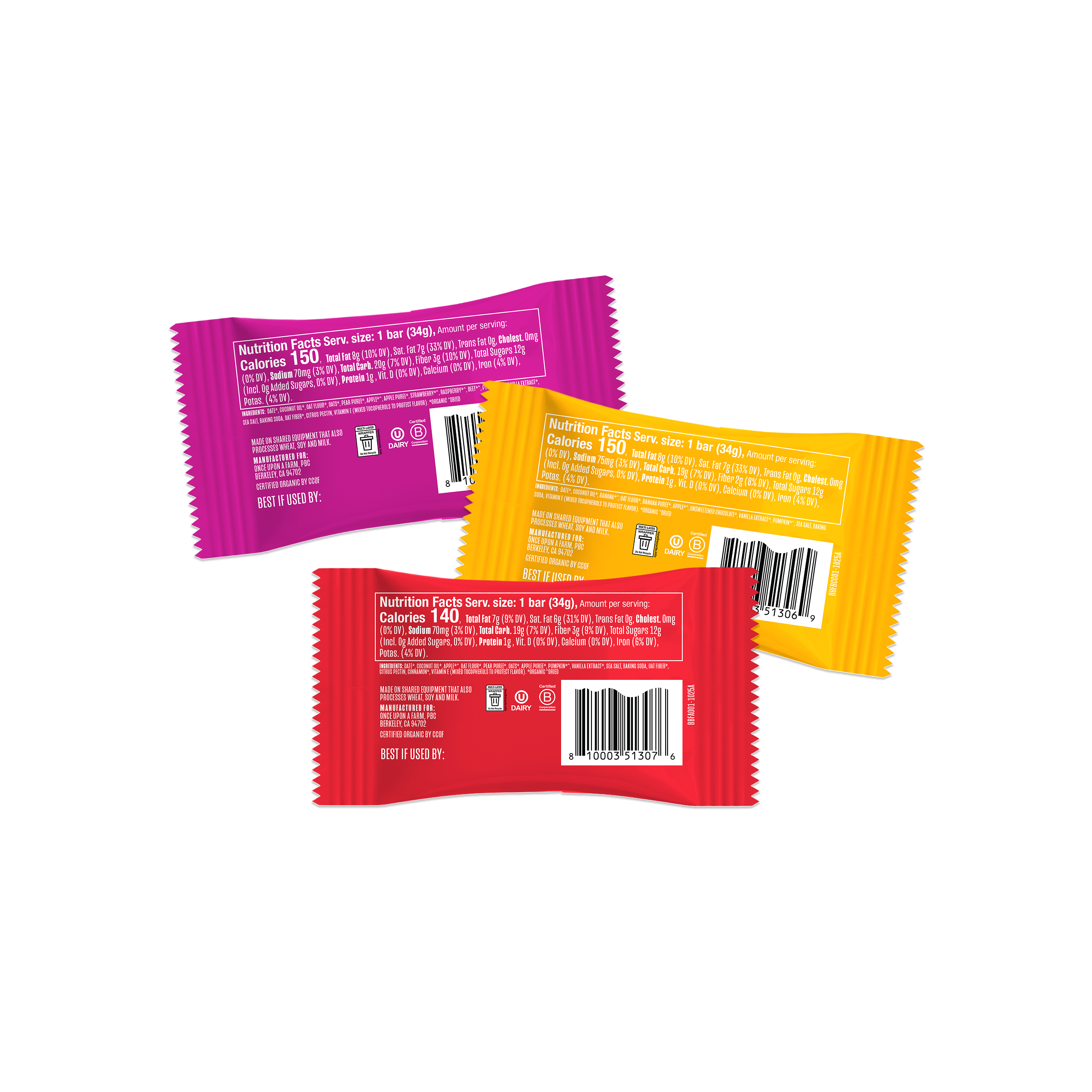 30ct box - Three colorful soft baked bars with labels on a white background