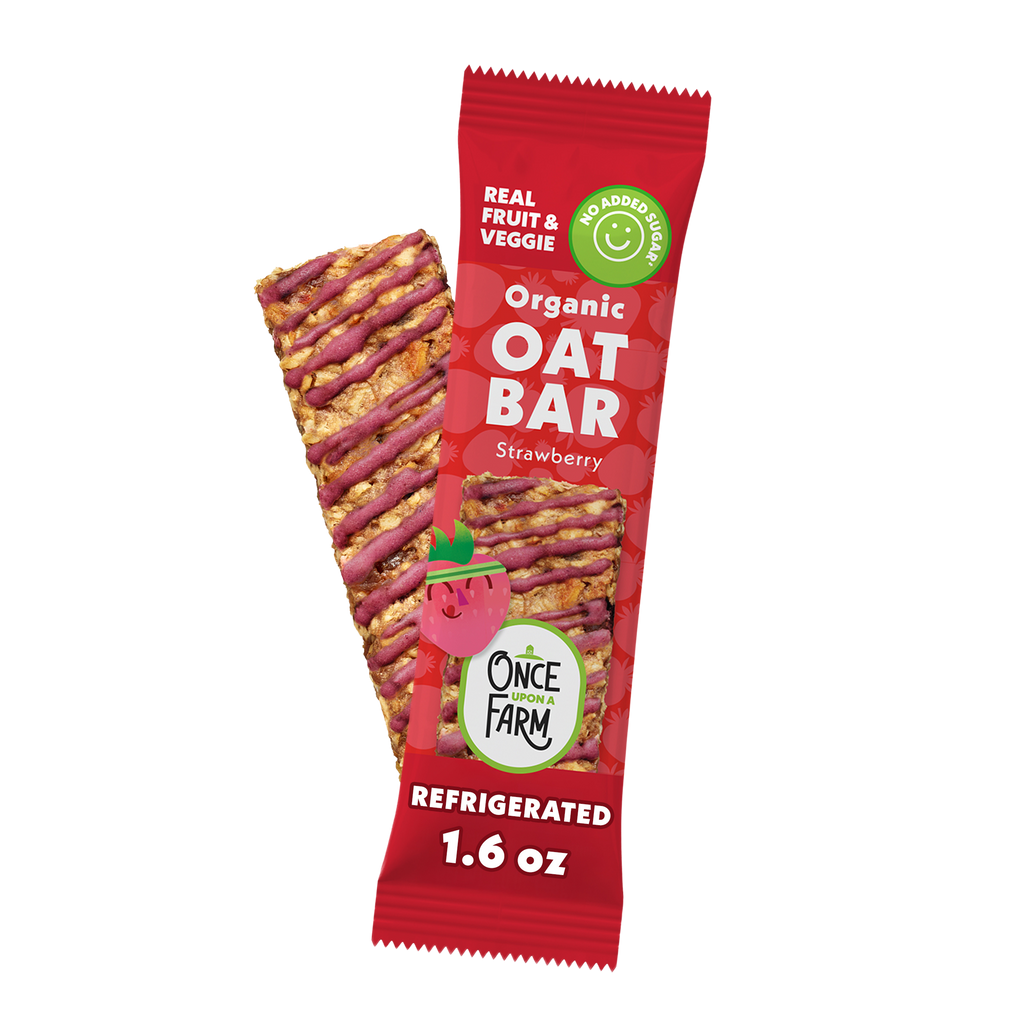 Strawberry Refrigerated Oat Bar front of new packaging showing bar on a white background