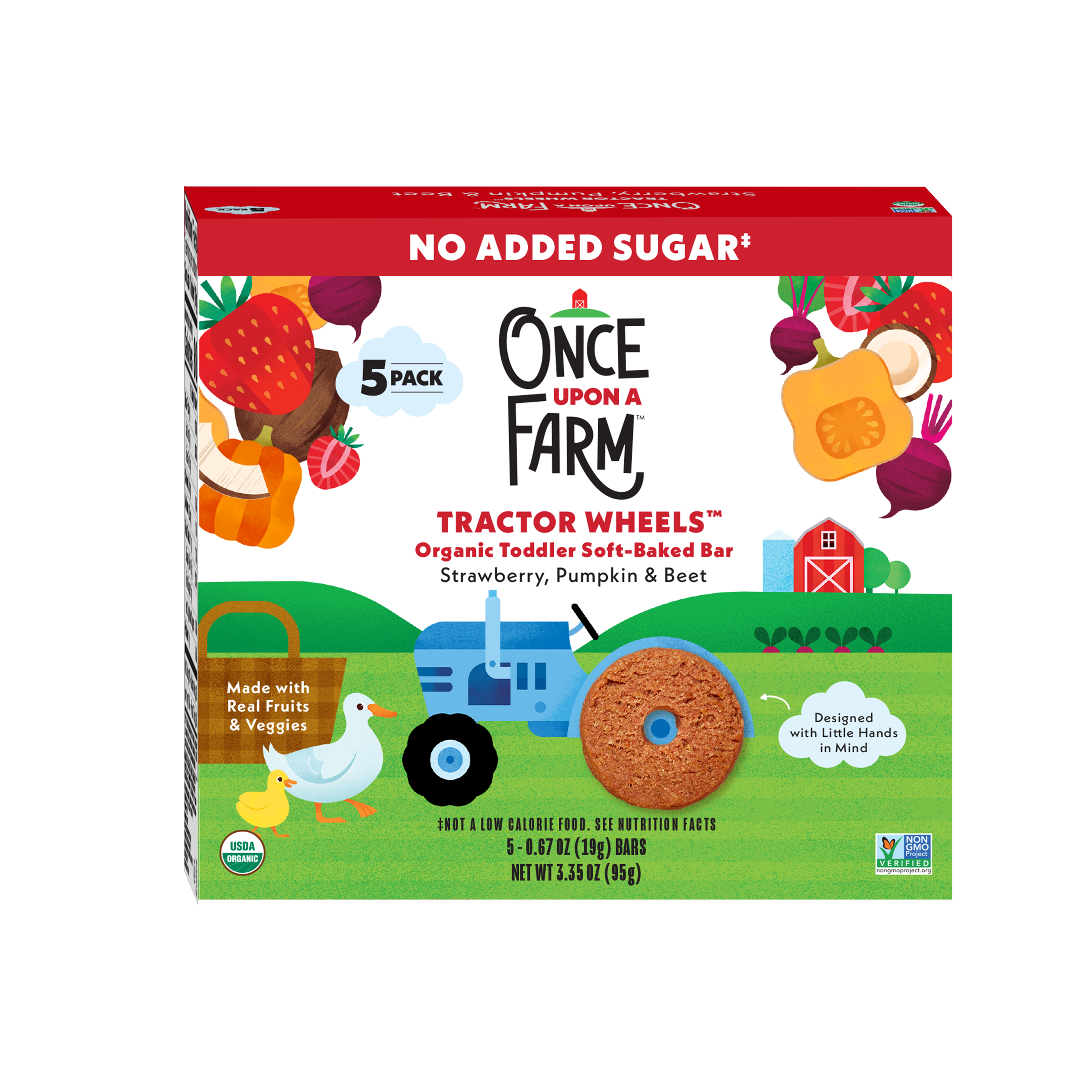 Box of Once Upon a Farm Tractor Wheels organic toddler soft-baked bars with colorful design on a white background