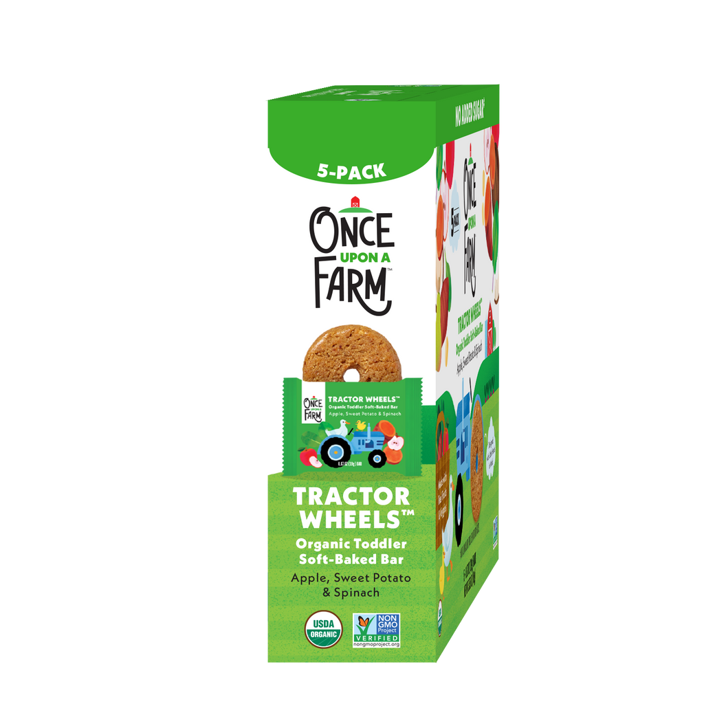 Box of Once Upon a Farm Tractor Wheels organic toddler soft-baked bars on a white background