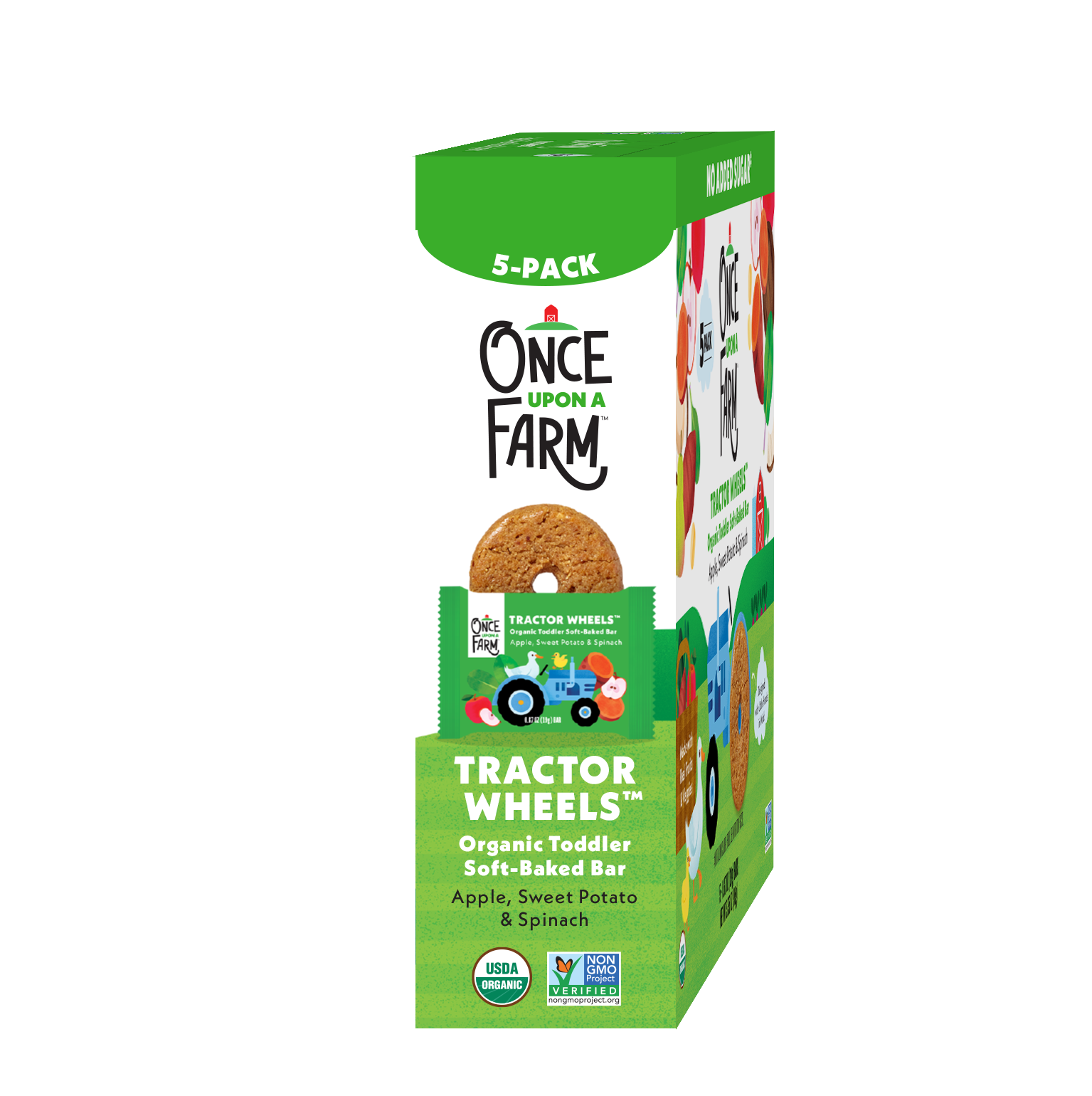 Box of Once Upon a Farm Tractor Wheels organic toddler soft-baked bars on a white background
