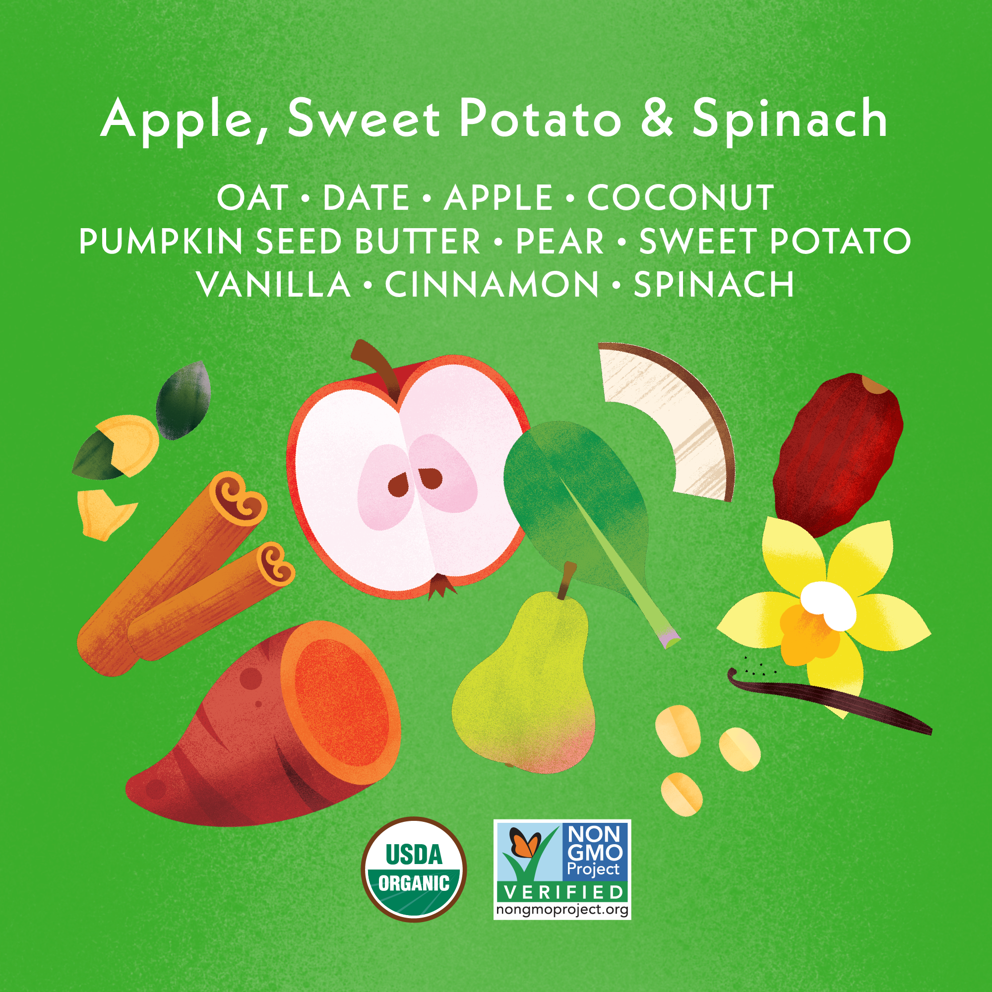 Apple Tractor Wheels Ingredient Highlight: Oat, Date, Apple, Coconut, Pumpkin Seed Butter, Pear, Sweet Potato, Vanilla, Cinnamon, Spinach