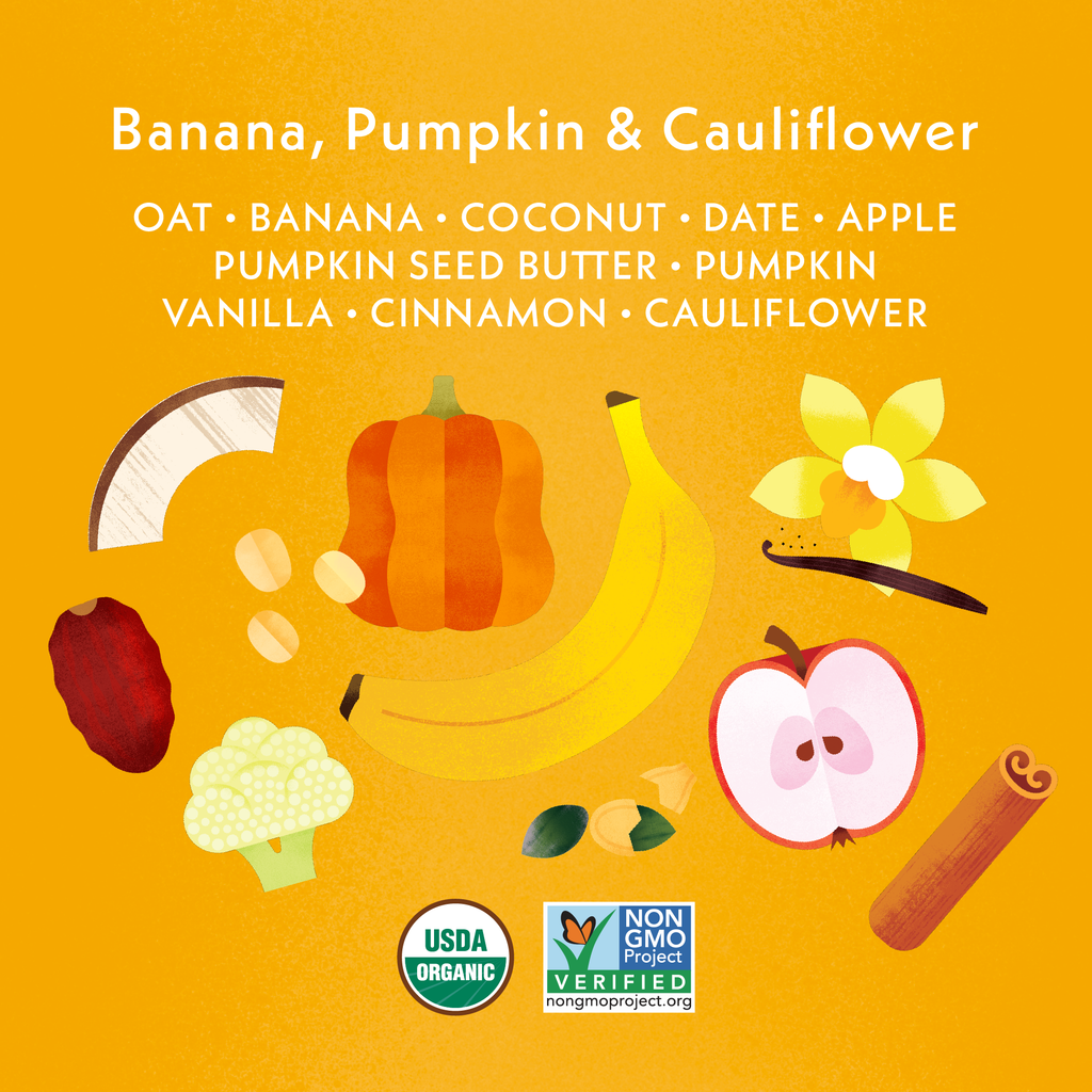Banana Tractor Wheels Ingredient Spotlight: Oat, Banana, Coconut, Data, Apple, Pumpkin Seed Butter, Pumpkin, Vanilla, Cinnamon, Cauliflower