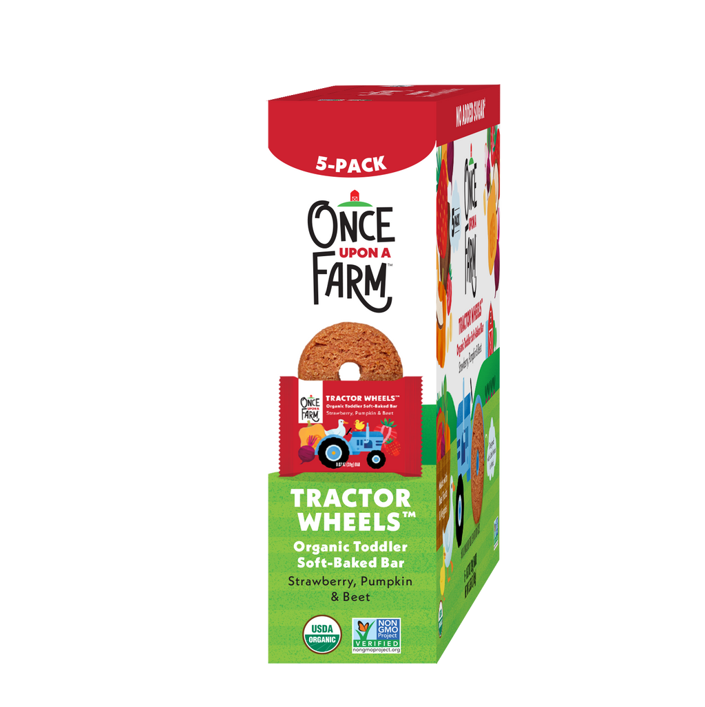 Box of Once Upon a Farm Tractor Wheels organic toddler soft-baked bars on a white background