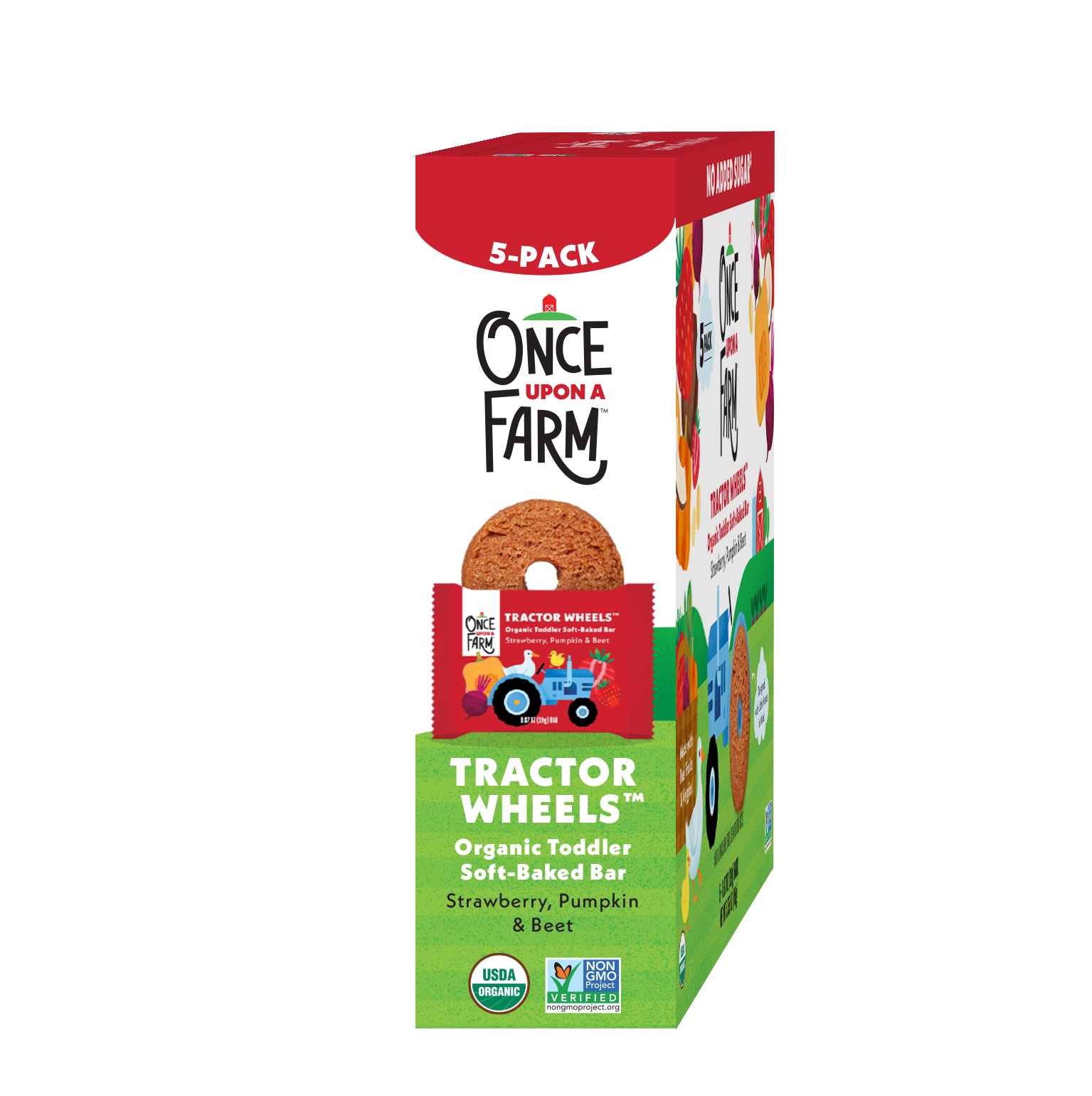 Box of Once Upon a Farm Tractor Wheels organic toddler soft-baked bars on a white background