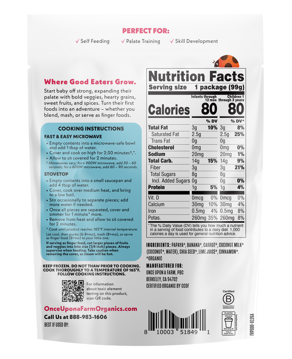 Papaya Sunrise frozen meal back of packaging
