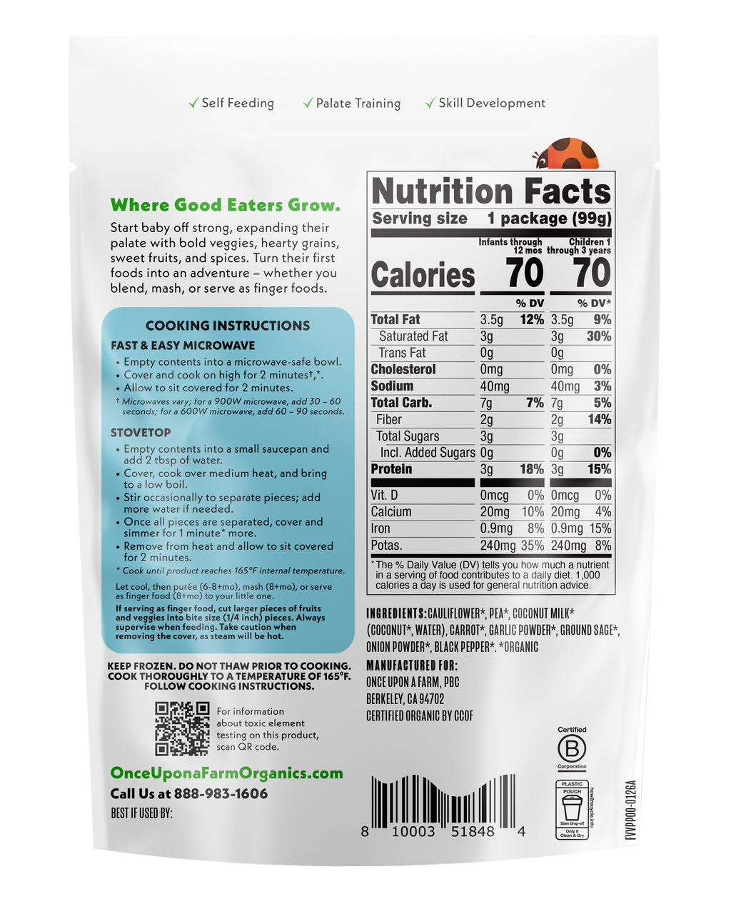 Veggie Pot Pie frozen meal back of packaging