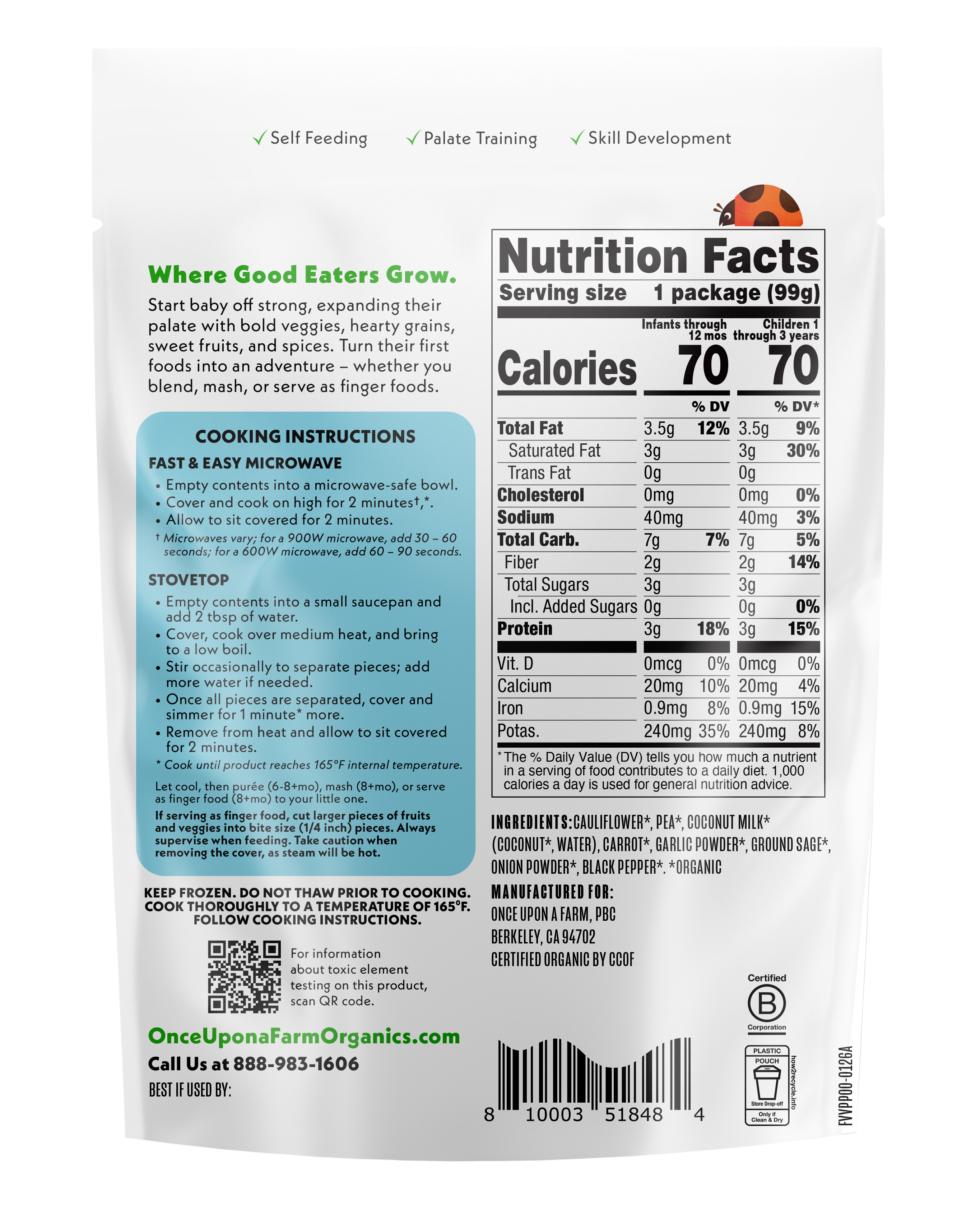 Veggie Pot Pie frozen meal back of packaging