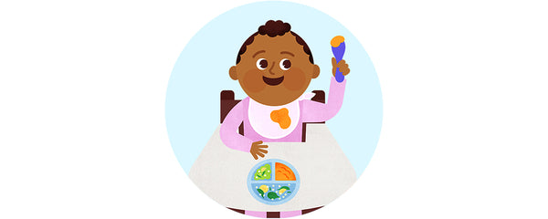 Illustration of a baby eating with a spoon