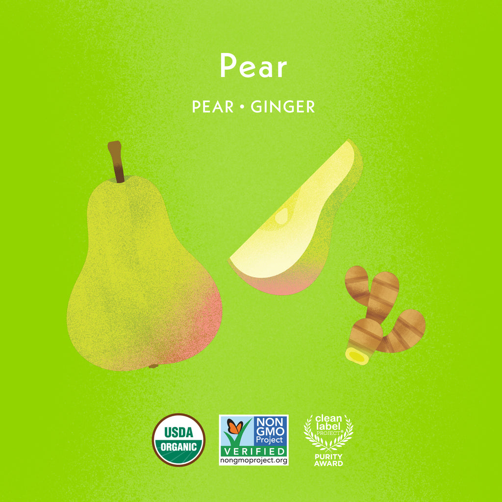 Pear with Ginger: Pear, Ginger. USDA Organic, Non GMO Project Verified, Clean Label Project Purity Award logos