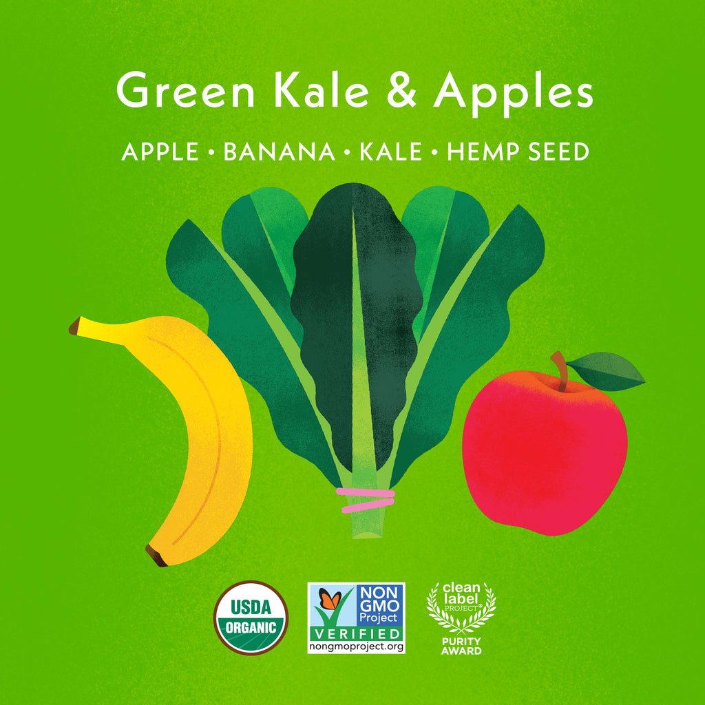 Green Kale and Apples: Apple, Banana, Kale, Hemp Seed. USDA Organic, Non GMO Project Verified, Clean Label Project Purity Award logos