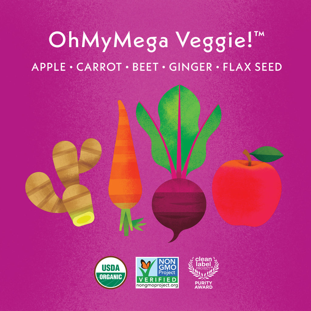 OhMyMega Veggie: Apple, Carrot, Kale, Beet, Ginger and Flax Seeds. USDA Organic, Non GMO Project Verified, Clean Label Project Purity Award logos