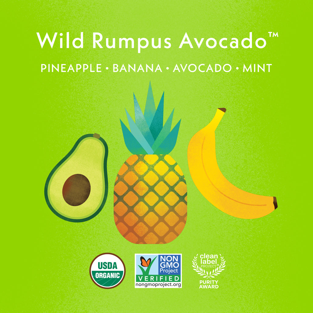 Wild Rumpus Avocado: Pineapple, Banana, Apple, Avocado, Mint. USDA Organic, Non GMO Project Verified, Clean Label Project Purity Award logos